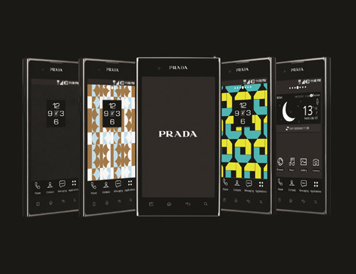 Five different home screen designs displayed on five PRADA phones by LG 3.0