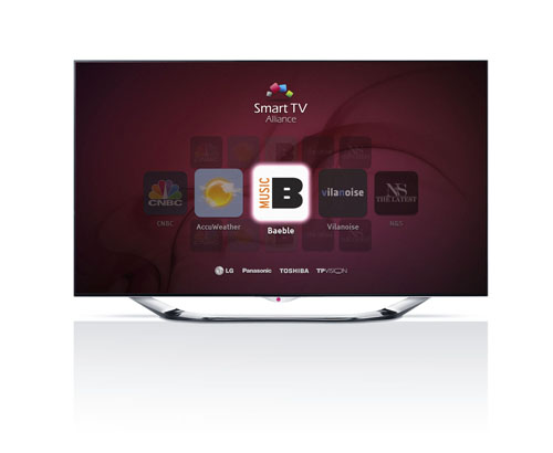 A Smart TV Alliance main page on TV with logos of LG Electronics, Panasonic, Toshiba and TP Vision