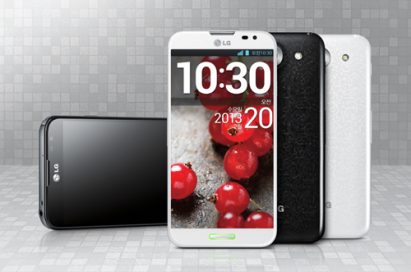 From left to right; A front view of LG Optimus G Pro in black color, a front view of LG Optimus G Pro in white color, a back view of LG Optimus G Pro in black color, a back view of LG Optimus G Pro in white color.