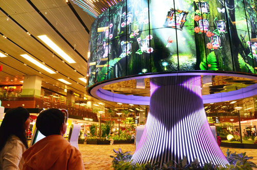 Travelers watch the vivid imagery of LG’s 64 47WV30 displays within the Social Tree installation at Changi Airport’s Terminal One.