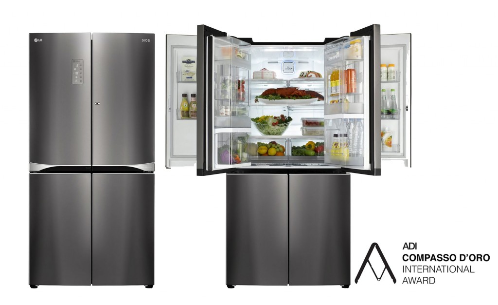 Two LG double Door-in-Door refrigerators with Compasso d’Oro International Award logo. Left one is closed and right one’s upper parts are opened.
