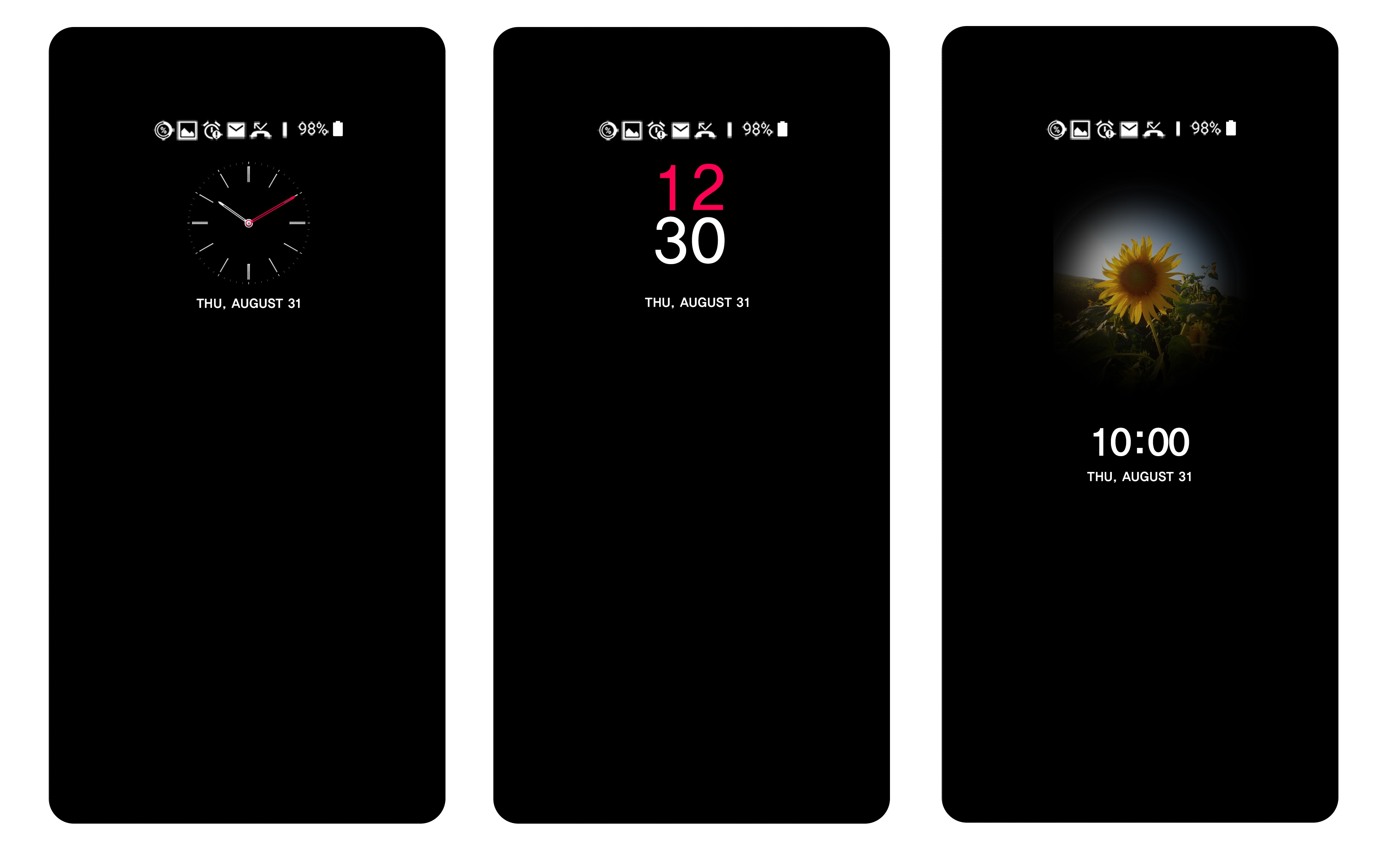 Three screenshots of the LG V30 when powered off, showing off various customizable AOD (always-on display) styles