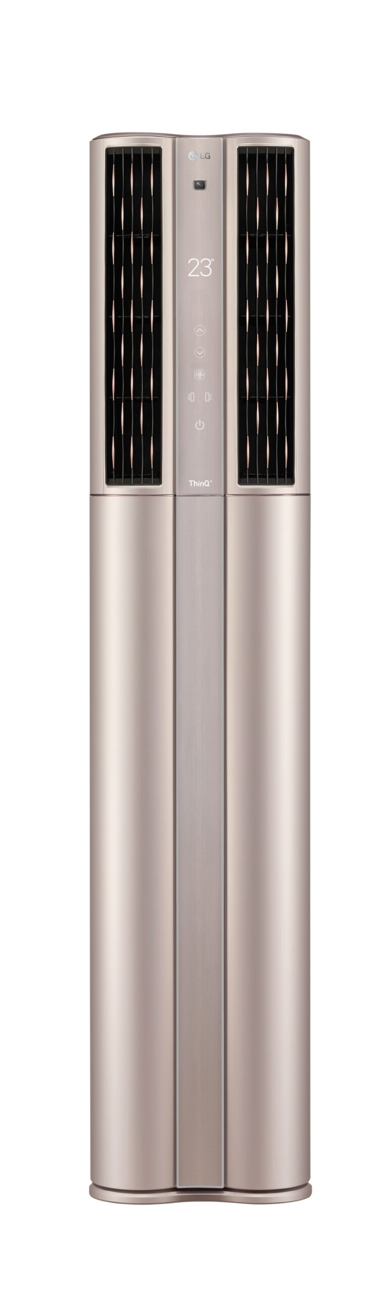 Front view of LG DUALCOOL ThinQ™ Stand Inverter air conditioner with its top vents open