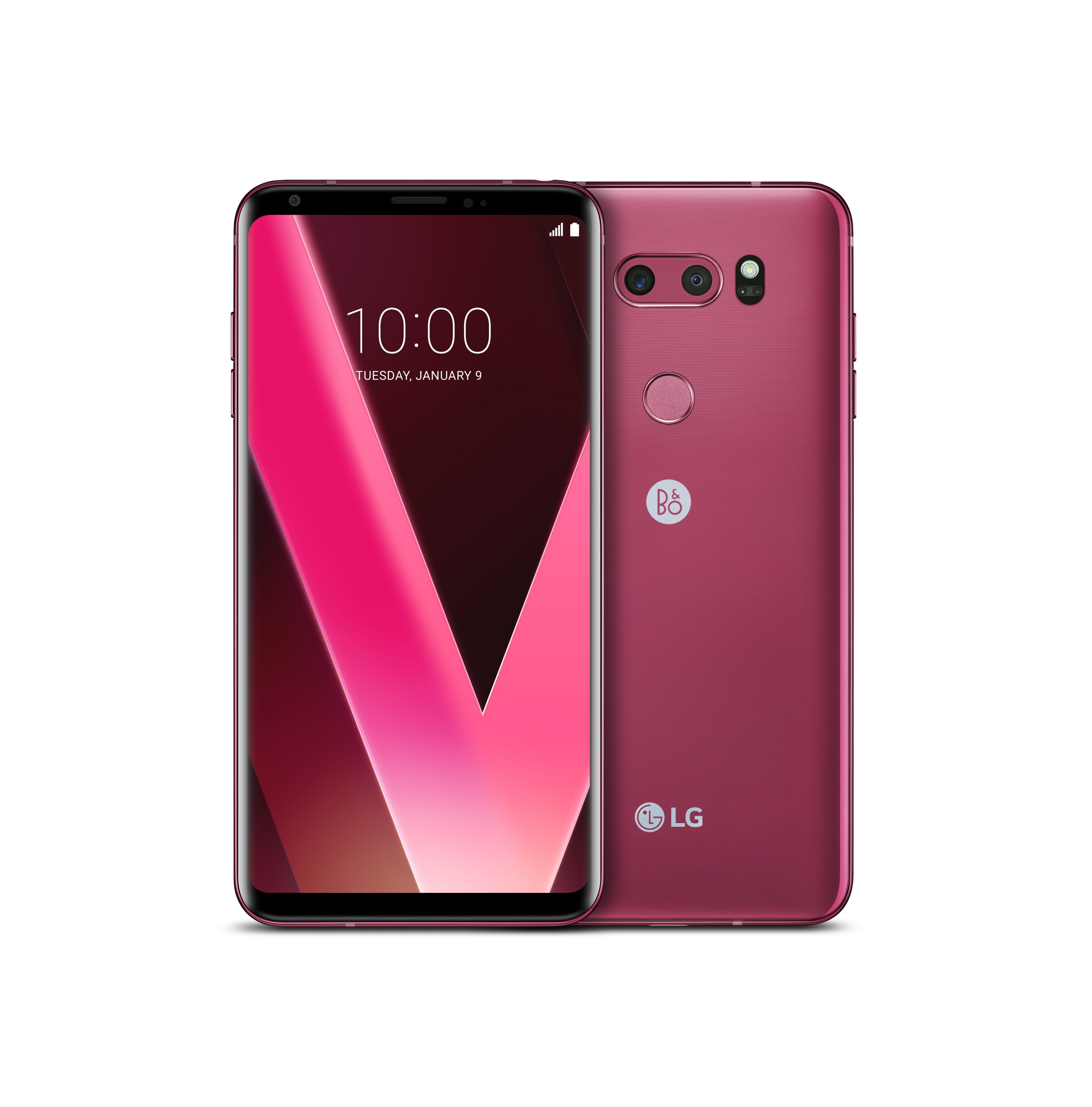 Two LG V30 Raspberry Rose smartphones side-by-side, one facing forward with its display visible, and the other showing its rear casing