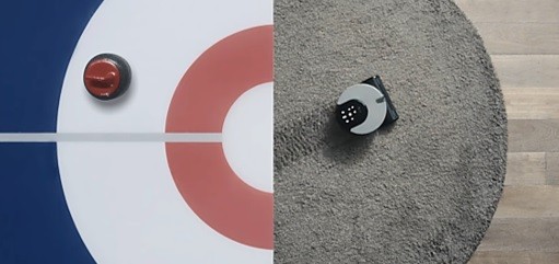 Two combined photos of an Olympic curling stone on half a target, with the other half a living room carpet with the LG CordZero R9 robot vacuum moving across it.