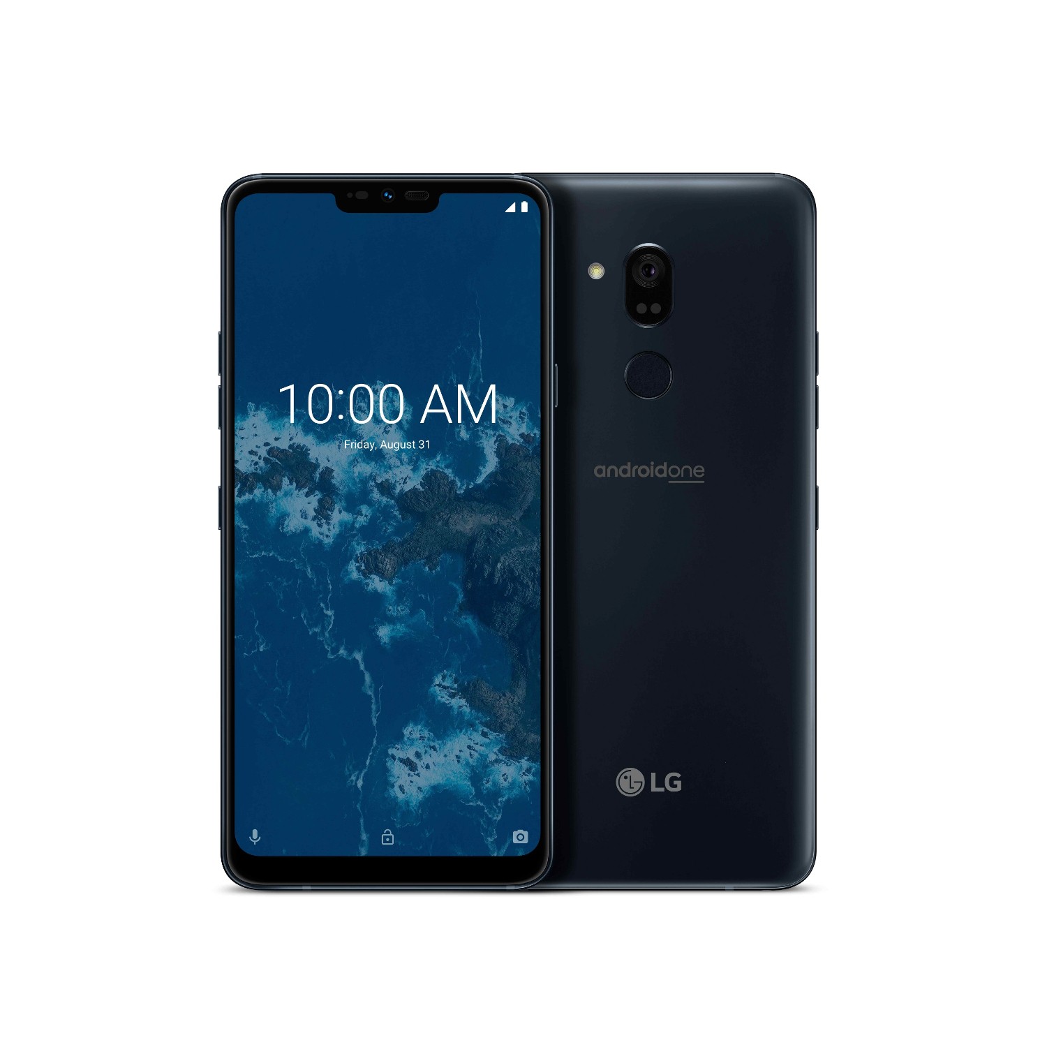 The front and rear view of the LG G7 One in New Moroccan Blue