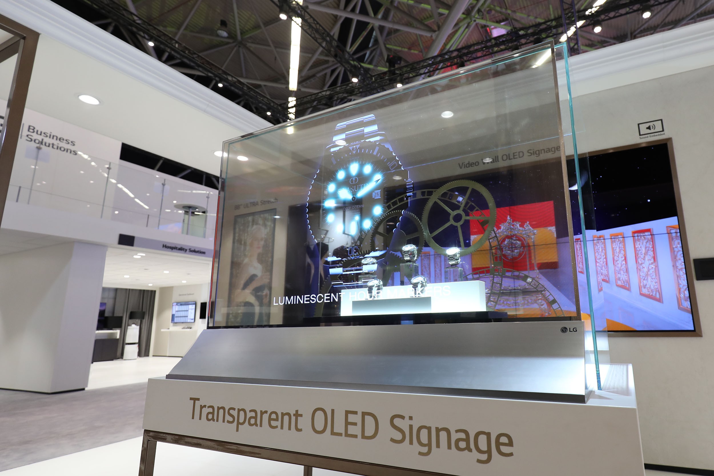 LG’s transparent OLED signage presented at ISE 2019.